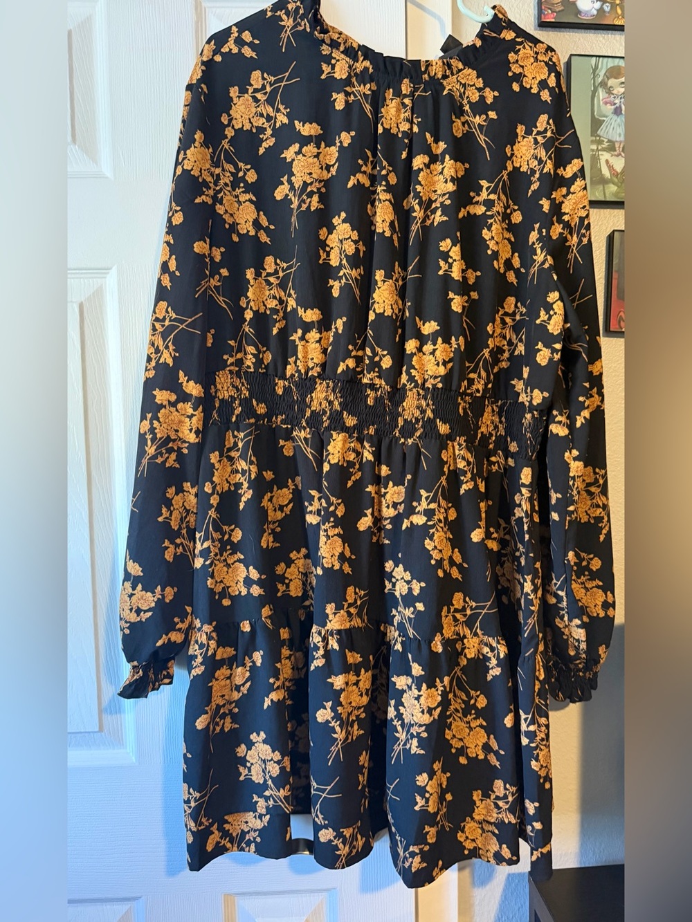 SHEIN Black and Mustard Floral Long Sleeve Smock Dress
